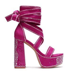 Extra Long Strap Rhinestone Platform Chunky Heel Shoes Hot Pink Fuchsia Rozie